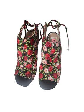 Betsey Johnson Rexie 8M Floral Lace-Up Peep Toe Stiletto Heels Black/Red Roses